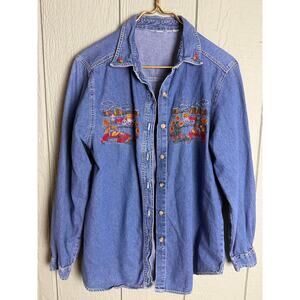 Vintage 90s Denim Shirt Farm & Floral Embroidery Button Front